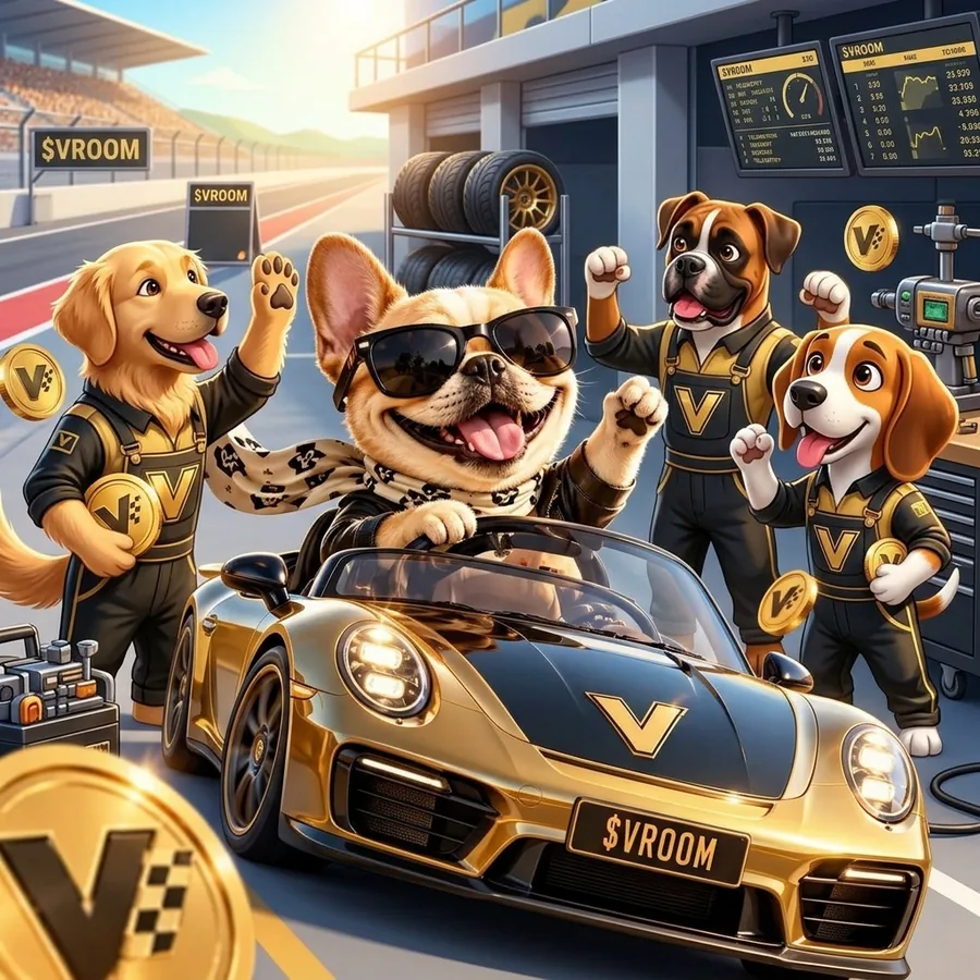 VroomVroom and his pit crew celebrating in the pit lane