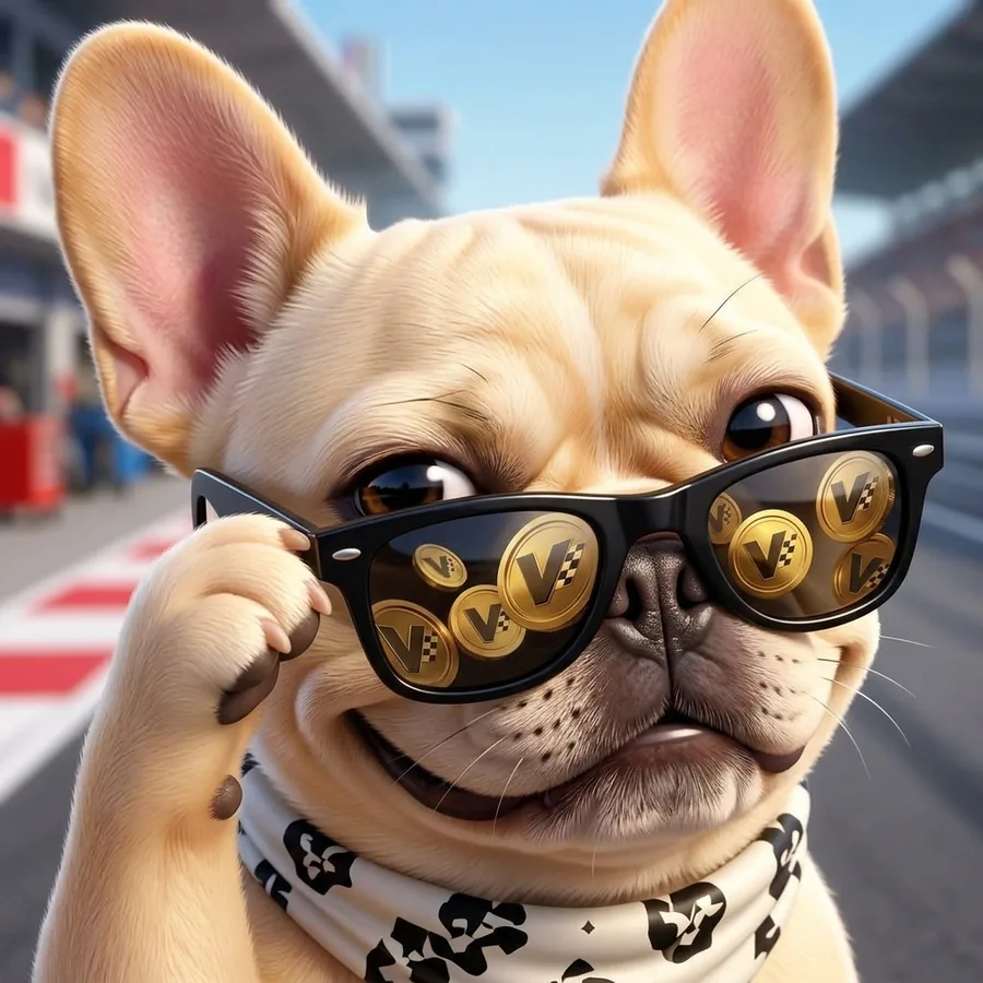 VroomVroom, the bulldog, peeking over his sunglasses
